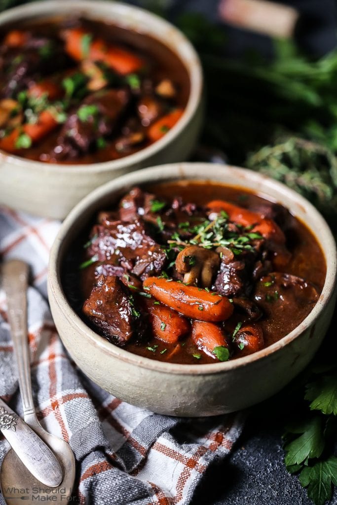 Beef Bourguignon - Cubes of Seared Beef, Caramelized Onions, Baby Carrots, Wild Mushroom and Potatoes in a Delicious Red Wine and Herb Sauce Flecked with Pancetta (Serves 4-6)