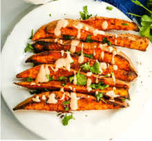 Load image into Gallery viewer, Roasted Balsam Farm Sweet Potato Wedges with Chilis; Honey, Lime Yogurt Drizzle - Vegetarian / GF (quart)
