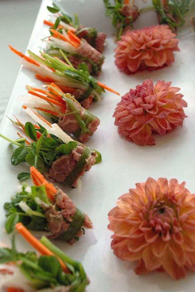 Seared Filet of Beef Roll Ups – Crunchy Organic Vegetables & Microgreens Rolled in Seared Filet of Beef, Horseradish Cream (dozen)