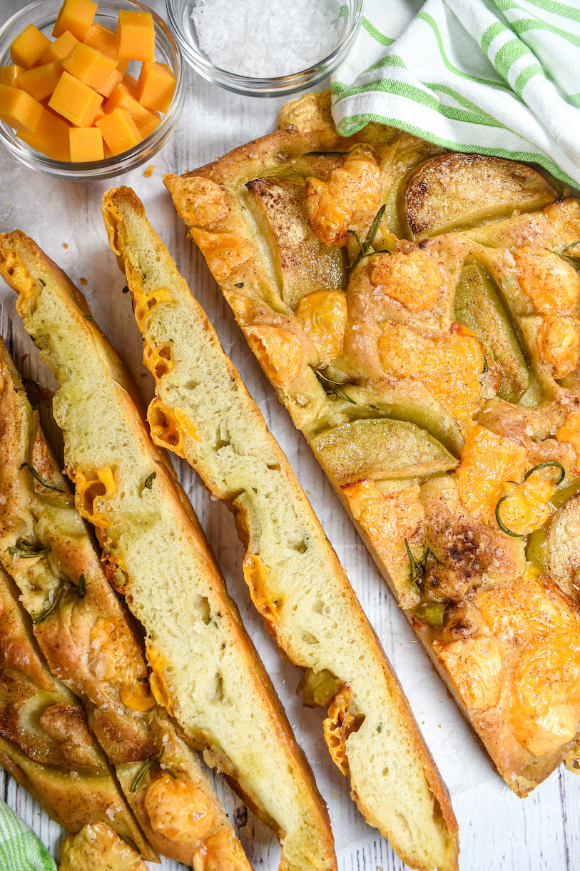 Milk Pail Apple and Gruyere Focaccia  · Slice it Up Small to Start, A Sidekick to Soups and Salads or Simply Start your Summer Mornings