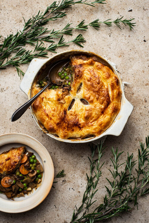 Many Woodland Mushrooms Pot Pie · A 4 Mushroom Ragu Topped with Delicate Pastry Cust  Vegetarian (Serves 3-5)