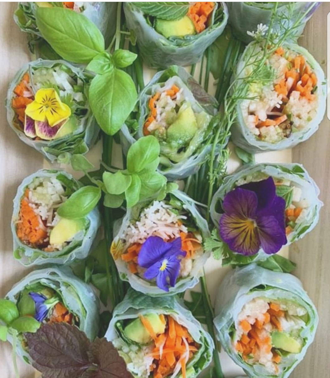 Vietnamese Summer Rice Paper Rolls: Crunchy Organic Local Vegetables, Avocado, Cabbage, Organic Microgreens, Fresh Herbs & Rice Noodles · Five Chili Sauce  (Two - 6 Piece Rolls)