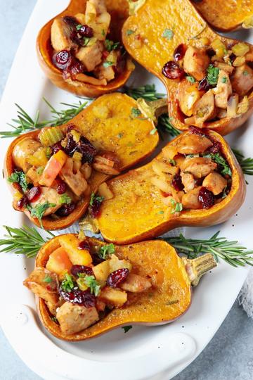 Baked Honeynut Squash · Stuffed with Squash Caponata · Topped with Tamari Tumeric Pumpkin Seeds (4 Halves)