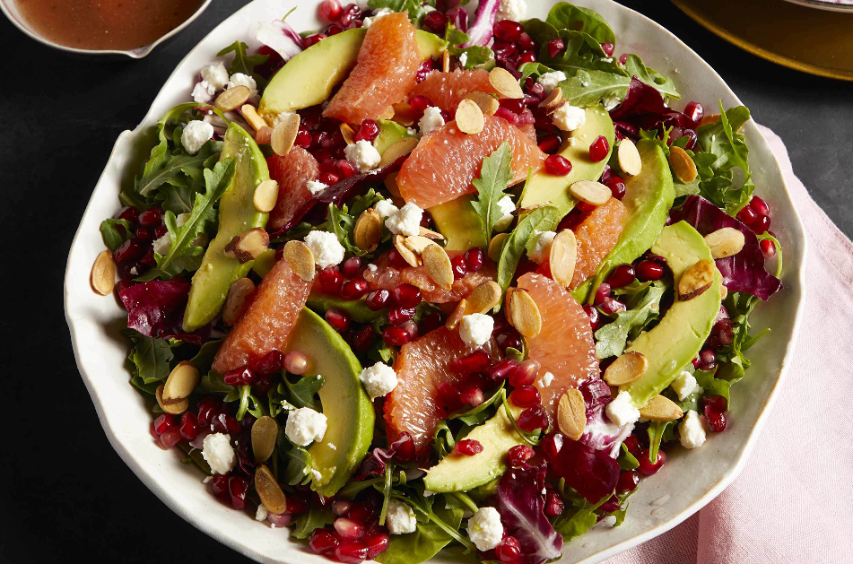 Winter Greens Salad with Cara Cara Oranges, Grapefruit, Avocado, Pomegranate, Bulgarian Feta, and Black Garlic Vinaigrette - (1/2 Pan Serves 2-4 People) and (Full Pan Serves 10-15)