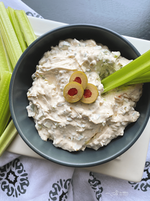 Green Olive, Pimento & Cream Cheese Dip • Crunchy Celery for Dipping  (1/2 pint)