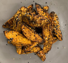 Load image into Gallery viewer, Roasted Balsam Farm Sweet Potato Wedges with Chilis; Honey, Lime Yogurt Drizzle - Vegetarian / GF (quart)
